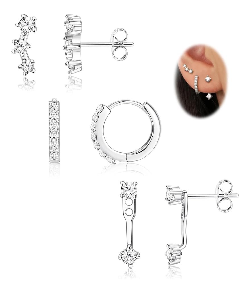 FIASASO 3 Pairs 925 Sterling Silver Hypoallergenic Earrings Set for Multiple Piercing Dainty 14K Gold Plated Stud Huggie Small Hoop Earrings for Women Trendy Cute Earring Stacks...