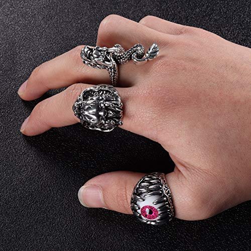 FIBO STEEL 16 Pieces Vintage Punk Rings for Men Women Gothic Rings Silver Black Dragon Snake Claw Skull Octopus Eyes of Hell Open Adjustable Rings Set