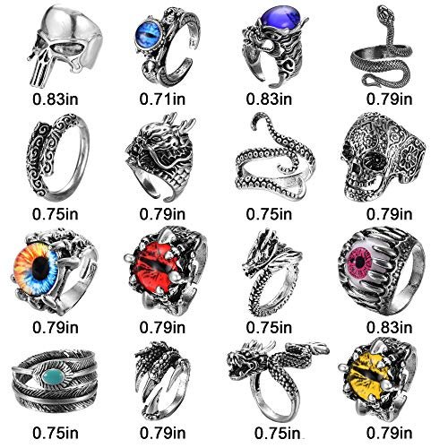 FIBO STEEL 16 Pieces Vintage Punk Rings for Men Women Gothic Rings Silver Black Dragon Snake Claw Skull Octopus Eyes of Hell Open Adjustable Rings Set