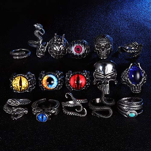 FIBO STEEL 16 Pieces Vintage Punk Rings for Men Women Gothic Rings Silver Black Dragon Snake Claw Skull Octopus Eyes of Hell Open Adjustable Rings Set