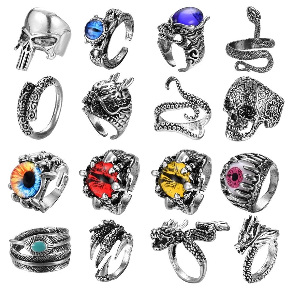 FIBO STEEL 16 Pieces Vintage Punk Rings for Men Women Gothic Rings Silver Black Dragon Snake Claw Skull Octopus Eyes of Hell Open Adjustable Rings Set