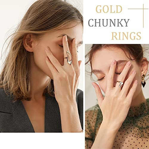 FIBO STEEL 9 Pcs Gold Chunky Rings for Women 18K Gold Plated Ring Set Dome Thick Open Rings Adjustable