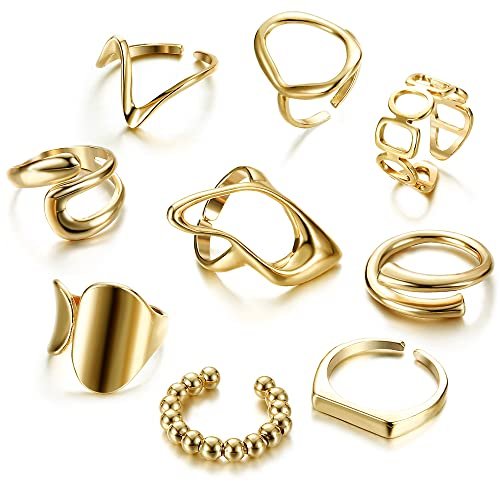 FIBO STEEL 9 Pcs Gold Chunky Rings for Women 18K Gold Plated Ring Set Dome Thick Open Rings Adjustable