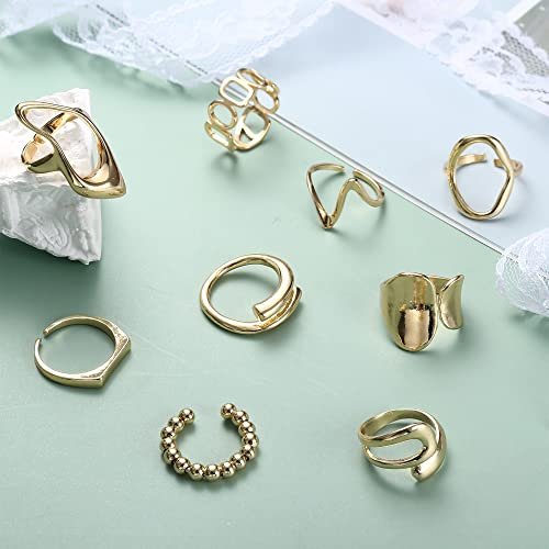 FIBO STEEL 9 Pcs Gold Chunky Rings for Women 18K Gold Plated Ring Set Dome Thick Open Rings Adjustable