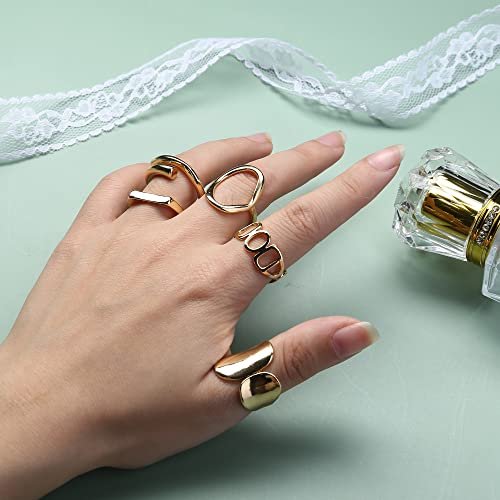 FIBO STEEL 9 Pcs Gold Chunky Rings for Women 18K Gold Plated Ring Set Dome Thick Open Rings Adjustable