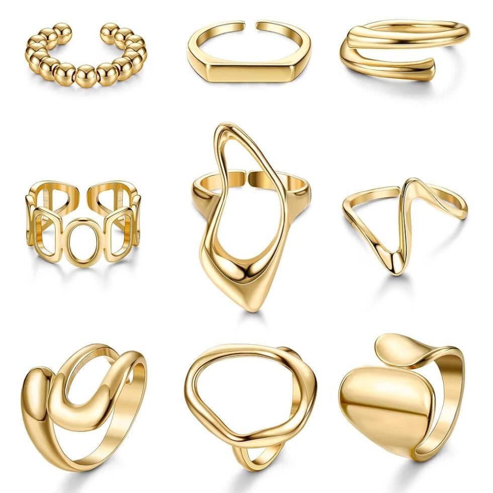 FIBO STEEL 9 Pcs Gold Chunky Rings for Women 18K Gold Plated Ring Set Dome Thick Open Rings Adjustable