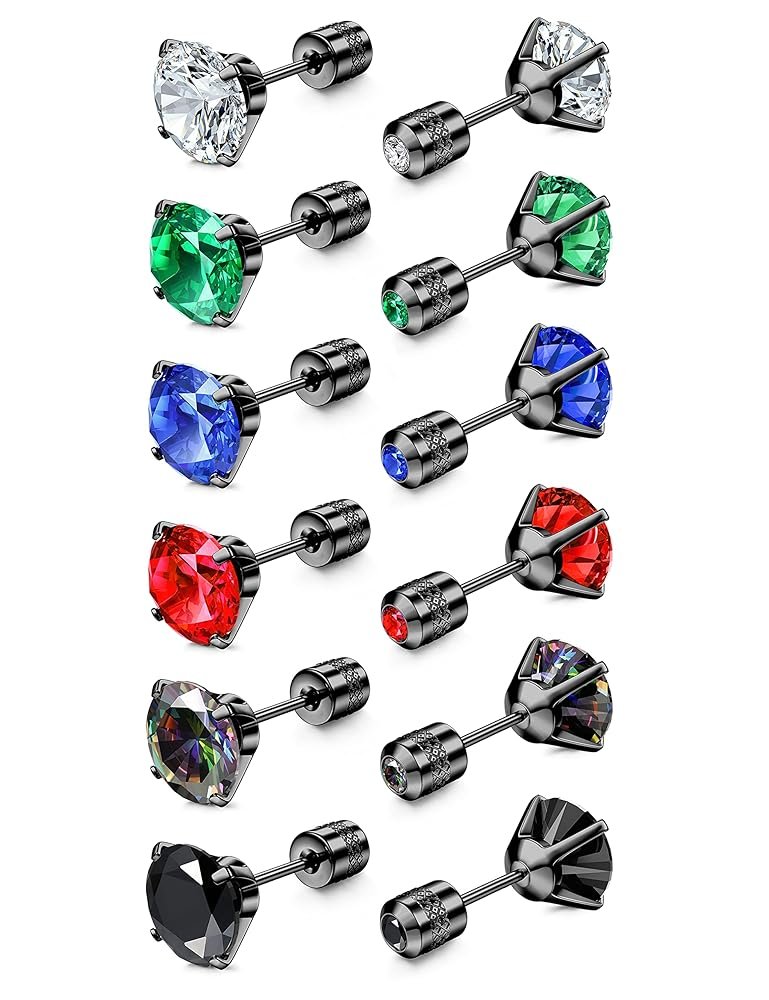 FIBO STEEL 𝟔 𝐏𝐚𝐢𝐫𝐬 𝐓𝐢𝐭𝐚𝐧𝐢𝐮𝐦 𝐒𝐜𝐫𝐞𝐰 𝐁𝐚𝐜𝐤 𝐄𝐚𝐫𝐫𝐢𝐧𝐠𝐬 for Men Women Surgical Stainless Steel Stud Earrings 𝐇𝐲𝐩𝐨𝐚𝐥𝐥𝐞𝐫𝐠𝐞𝐧𝐢𝐜 𝐌𝐮𝐥𝐭𝐢𝐜𝐨𝐥𝐨𝐫 Double Side Earrings Piercing 𝐒𝐥𝐞𝐞𝐩𝐞𝐫 Studs...