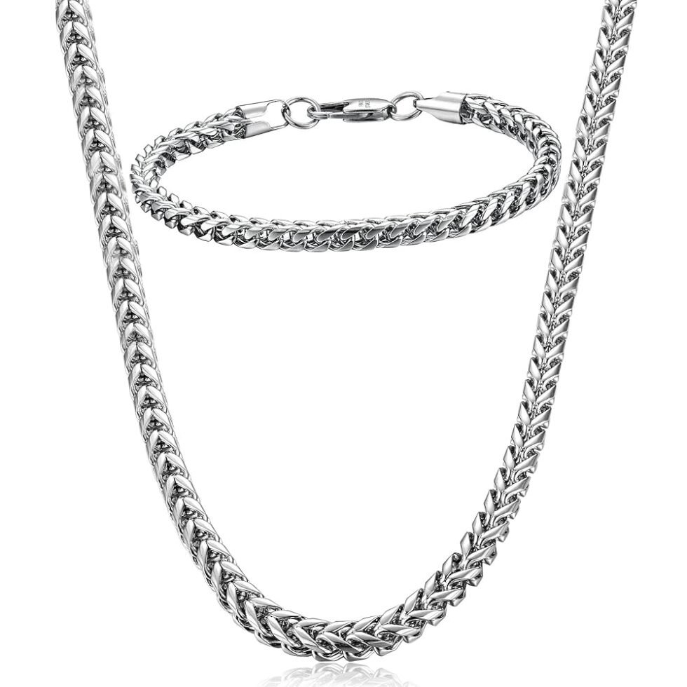 FIBO STEEL Stainless Steel Wheat Chain Necklace for Men Necklace Bracelet Jewelry Set 5mm in Width, 22" 8.5"