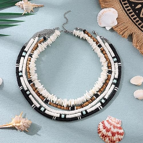 FIRAZIO 5Pcs Puka Shell Necklace Men Seashell Necklace Summer Beach Surfer Necklace for Men Women Hawaiian Necklace for Men White Necklace Beach Jewelry