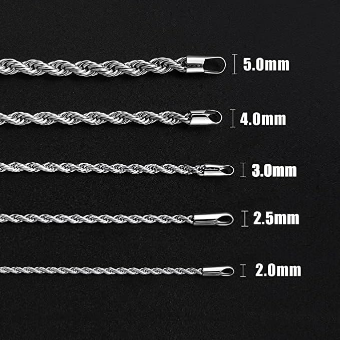 Fiusem 3mm Rope Chain Necklace for Men, Silver Tone Mens Chain Necklace, Stainless Steel Necklace Chain for Men Women