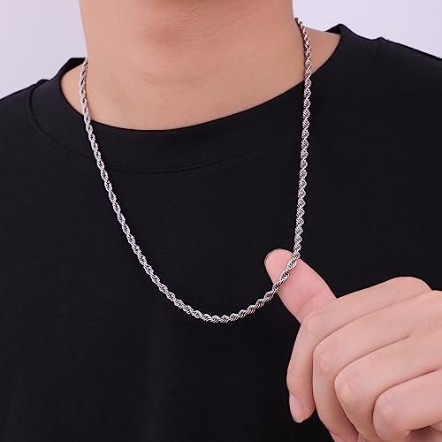 Fiusem 3mm Rope Chain Necklace for Men, Silver Tone Mens Chain Necklace, Stainless Steel Necklace Chain for Men Women