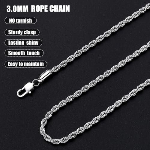 Fiusem 3mm Rope Chain Necklace for Men, Silver Tone Mens Chain Necklace, Stainless Steel Necklace Chain for Men Women