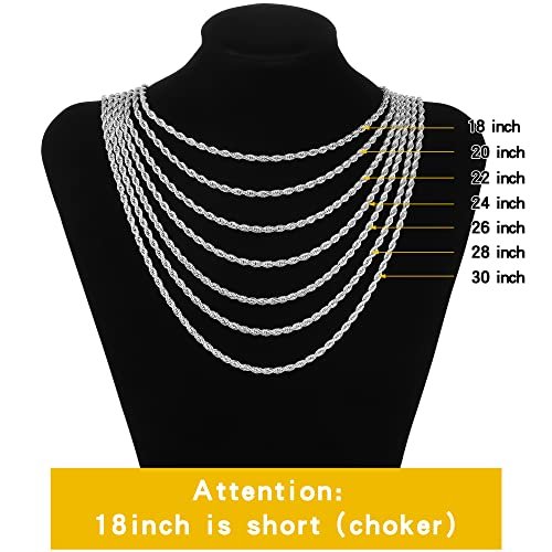 Fiusem 3mm Rope Chain Necklace for Men, Silver Tone Mens Chain Necklace, Stainless Steel Necklace Chain for Men Women