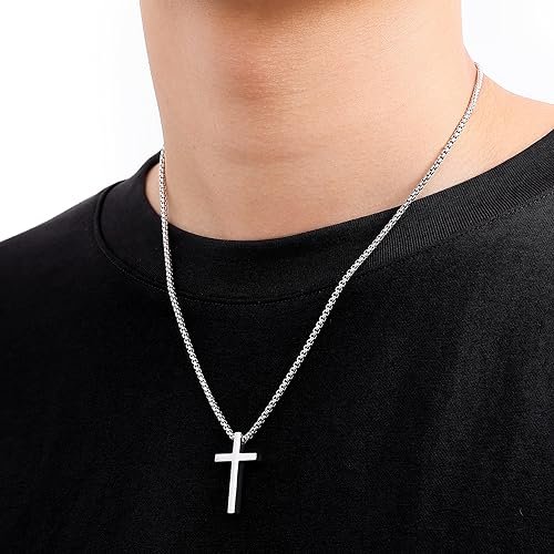 Fiusem Cross Necklace for Men, Silver/Gold/Black Mens Cross Necklaces with 2.5mm Cross Chain and Stainless Steel Cross Pendant, Box Chain 16-24 Inch