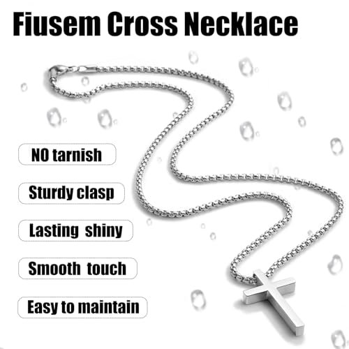 Fiusem Cross Necklace for Men, Silver/Gold/Black Mens Cross Necklaces with 2.5mm Cross Chain and Stainless Steel Cross Pendant, Box Chain 16-24 Inch