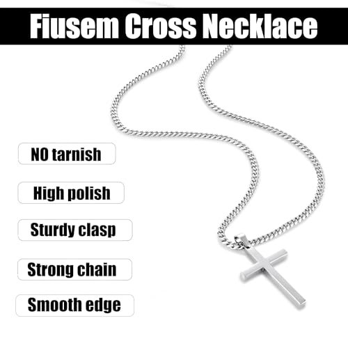 Fiusem Cross Necklace for Men, Silver Tone/Gold Plated/Black Mens Cross Necklaces with 3.5mm Cross Chain and Stainless Steel Cross Pendant, Cuban Chain 16-28 Inch