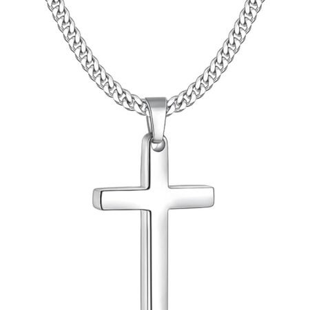 Fiusem Cross Necklace for Men, Silver Tone/Gold Plated/Black Mens Cross Necklaces with 3.5mm Cross Chain and Stainless Steel Cross Pendant, Cuban Chain 16-28 Inch