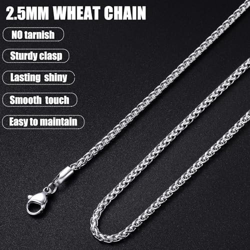 Fiusem Silver Tone Wheat Chain Necklace for Men, 2.5mm Mens Chain Necklaces, Stainless Steel Necklace Chains for Men and Women, Men Necklace 16-28 Inch