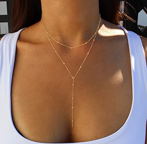 Foxgirl Lariat Gold Necklace for Women, Dainty Long Necklace 14k Gold Plated/Silver Y-Shaped Pendant Necklace Trendy Layered Cz Beaded Chain Drop Necklaces Simple Gold Jewelry...