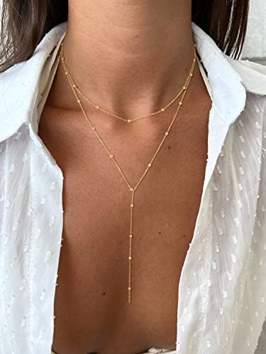 Foxgirl Lariat Gold Necklace for Women, Dainty Long Necklace 14k Gold Plated/Silver Y-Shaped Pendant Necklace Trendy Layered Cz Beaded Chain Drop Necklaces Simple Gold Jewelry...