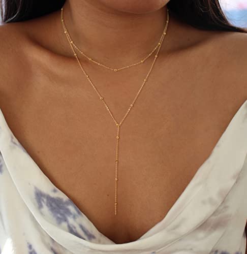 Foxgirl Lariat Gold Necklace for Women, Dainty Long Necklace 14k Gold Plated/Silver Y-Shaped Pendant Necklace Trendy Layered Cz Beaded Chain Drop Necklaces Simple Gold Jewelry...