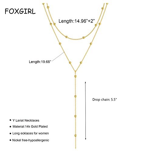 Foxgirl Lariat Gold Necklace for Women, Dainty Long Necklace 14k Gold Plated/Silver Y-Shaped Pendant Necklace Trendy Layered Cz Beaded Chain Drop Necklaces Simple Gold Jewelry...