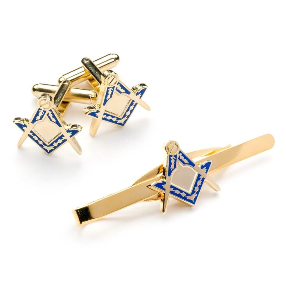 Freimaurer-Manschettenknöpfe und Krawattenlide, quadratisch und Kompass, mit Geschenkbox, Gold
