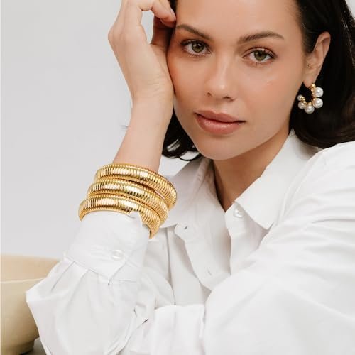 FRG Gold Bangles for Women Set of 3 Gold Chunky Stretch Bangles Bracelets 24K Gold Plated Stainless Steel Chain Bracelets Flexible Wide Gold Stack Bracelets Designer Look Alike...