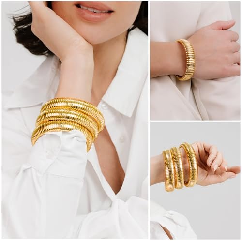 FRG Gold Bangles for Women Set of 3 Gold Chunky Stretch Bangles Bracelets 24K Gold Plated Stainless Steel Chain Bracelets Flexible Wide Gold Stack Bracelets Designer Look Alike...