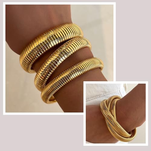 FRG Gold Bangles for Women Set of 3 Gold Chunky Stretch Bangles Bracelets 24K Gold Plated Stainless Steel Chain Bracelets Flexible Wide Gold Stack Bracelets Designer Look Alike...