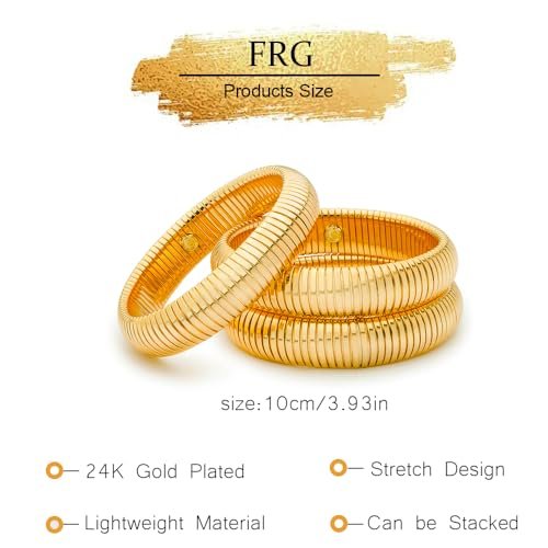 FRG Gold Bangles for Women Set of 3 Gold Chunky Stretch Bangles Bracelets 24K Gold Plated Stainless Steel Chain Bracelets Flexible Wide Gold Stack Bracelets Designer Look Alike...