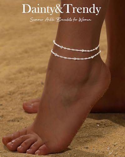 FUNEIA Gold Silver Ankle Bracelets for Women Waterproof 14K Gold Plated Anklets for Women Non Tarnish Dainty Layered Beaded Heart Anklet Set Summer Beach Foot Chain Jewelry Teen...