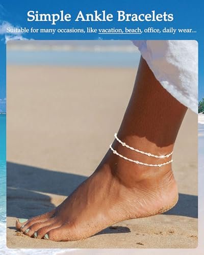 FUNEIA Gold Silver Ankle Bracelets for Women Waterproof 14K Gold Plated Anklets for Women Non Tarnish Dainty Layered Beaded Heart Anklet Set Summer Beach Foot Chain Jewelry Teen...