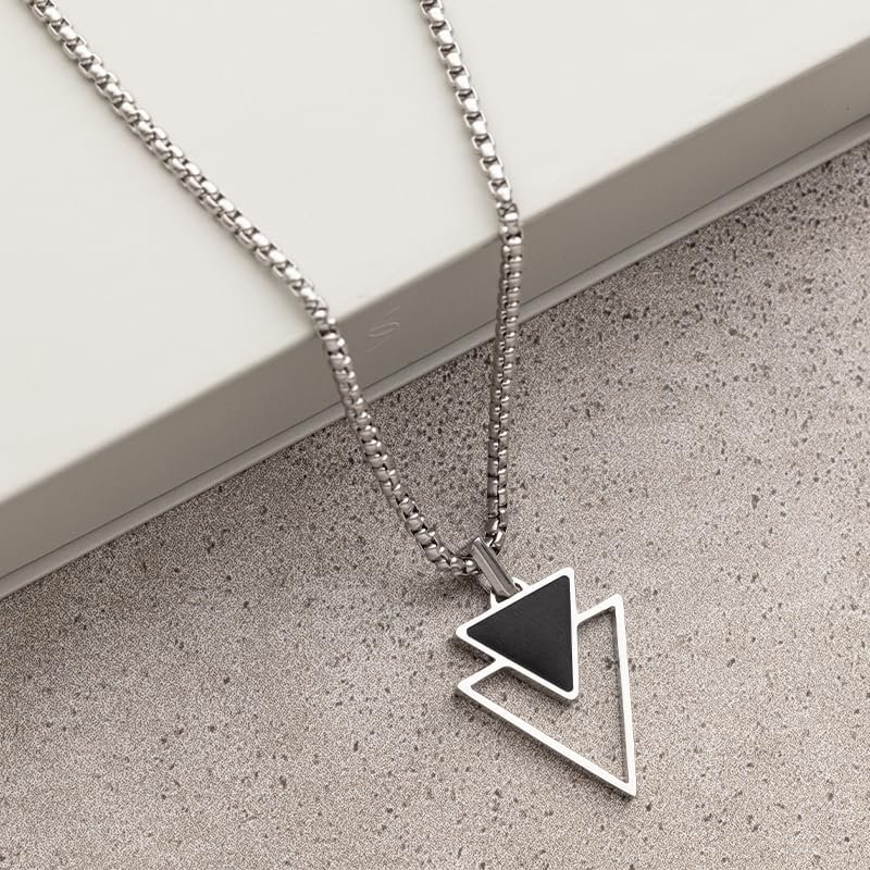 Galis Mens Necklace - Premium Stainless Steel Necklace for Men, Non Tarnish Triangle Necklace with Black Enamel Pendant, Our Necklace Chains with Pendants Are Stylish Valentines...