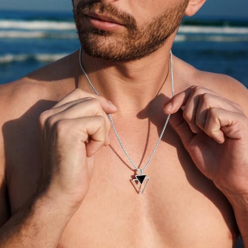 Galis Mens Necklace - Premium Stainless Steel Necklace for Men, Non Tarnish Triangle Necklace with Black Enamel Pendant, Our Necklace Chains with Pendants Are Stylish Valentines...