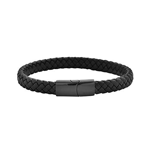 Geoffrey Beene Men's Braided Genuine Leather Bracelet with Stainless Steel Closure