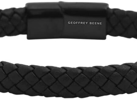 Geoffrey Beene Men's Braided Genuine Leather Bracelet with Stainless Steel Closure