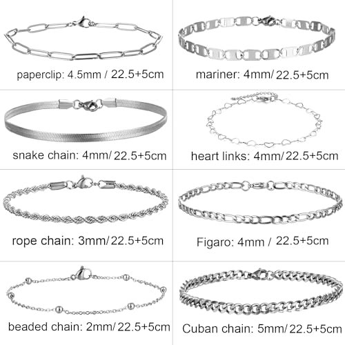 Gold Anklet for Women Men, 14K White Gold Plated Stainless Steel Anklets Set for Women, Waterproof Cuban Figaro Rope Paperclip Beaded Snake Mariner Chain Ankle Bracelet