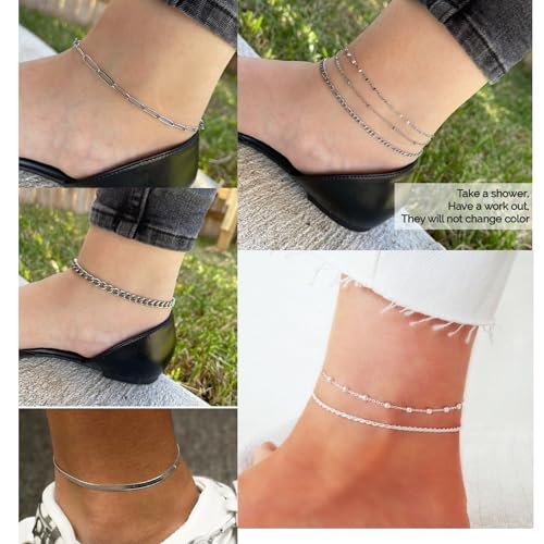 Gold Anklet for Women Men, 14K White Gold Plated Stainless Steel Anklets Set for Women, Waterproof Cuban Figaro Rope Paperclip Beaded Snake Mariner Chain Ankle Bracelet