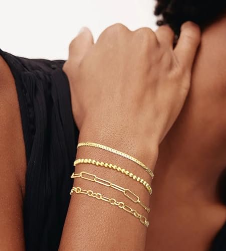 Gold Bracelets for Women - 14K Gold Plated Dainty Bracelets Set, Layered Chain Bracelets Pack Jewelry