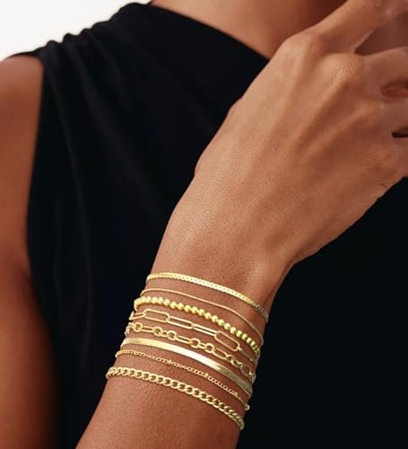 Gold Bracelets for Women - 14K Gold Plated Dainty Bracelets Set, Layered Chain Bracelets Pack Jewelry