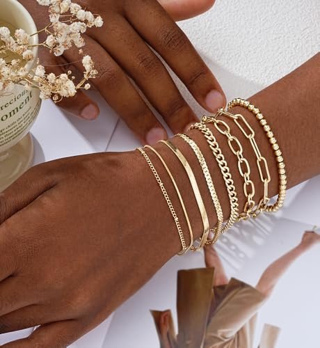 Gold Bracelets for Women - 14K Gold Plated Dainty Bracelets Set, Layered Chain Bracelets Pack Jewelry