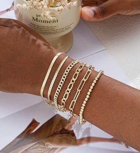 Gold Bracelets for Women - 14K Gold Plated Dainty Bracelets Set, Layered Chain Bracelets Pack Jewelry