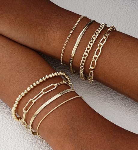 Gold Bracelets for Women - 14K Gold Plated Dainty Bracelets Set, Layered Chain Bracelets Pack Jewelry