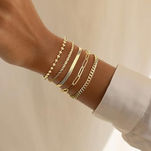 Gold Bracelets for Women,Dainty Bracelets Set for Women Trendy, Gold Bracelets Stack With Beaded, Cuban, Paperclip, Heart, Snake, Rope, Pearl, Cross, Hand Chain, Silver Jewelry...