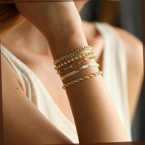 Gold Bracelets for Women,Dainty Bracelets Set for Women Trendy, Gold Bracelets Stack With Beaded, Cuban, Paperclip, Heart, Snake, Rope, Pearl, Cross, Hand Chain, Silver Jewelry...