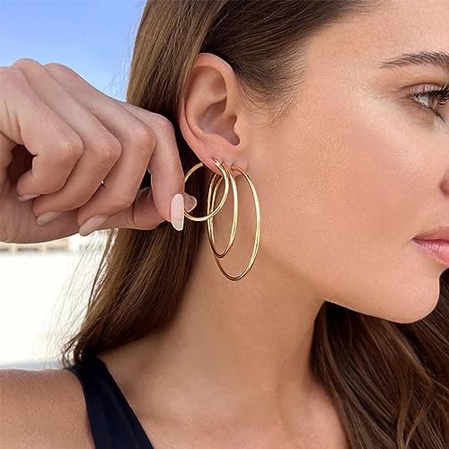Gold Hoop Earrings Set for Women,14k Real Gold Plated Gold Hoops with S925 Sterling Silver Post Hypoallergenic Thin Hoop Earrings Gold Earrings for Women Trendy Jewelry Gifts