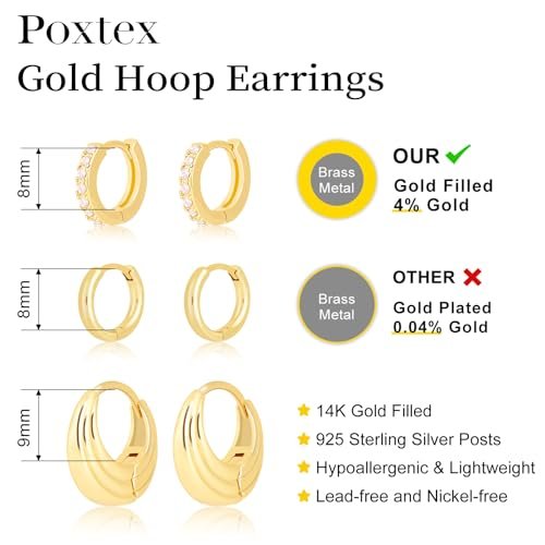 Gold Hoop Earrings Set for Women, 14K Small Huggie Earrings for Multiple Piercing Hypoallergenic Trendy Jewelry, Dainty Ball Cartilage Earrings for Women's Gifts