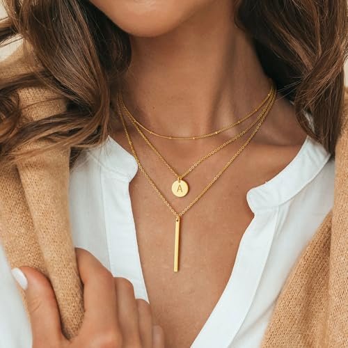 Gold Initial Layered Necklaces for Women, 14K Gold Plated Coin Letter Necklace Bar Stacking Necklace Layer Necklace Multi Bar Layering Y-Necklaces Jewelry for Women