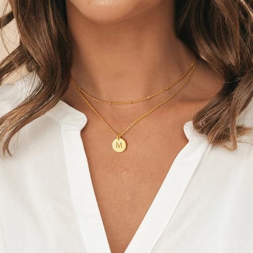 Gold Initial Layered Necklaces for Women, 14K Gold Plated Coin Letter Necklace Bar Stacking Necklace Layer Necklace Multi Bar Layering Y-Necklaces Jewelry for Women